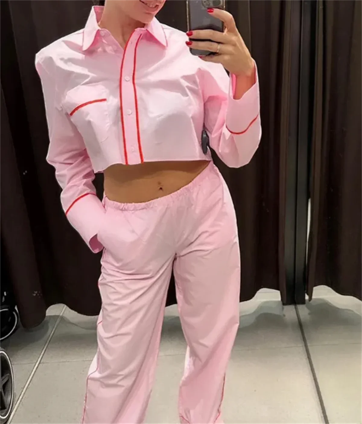 Woman\'s Fashion Pink Suits Long Sleeves Turn-Down Collar Single Breasted Shirt Wide Leg Long Pant Elegant 2024 2 Piece Set