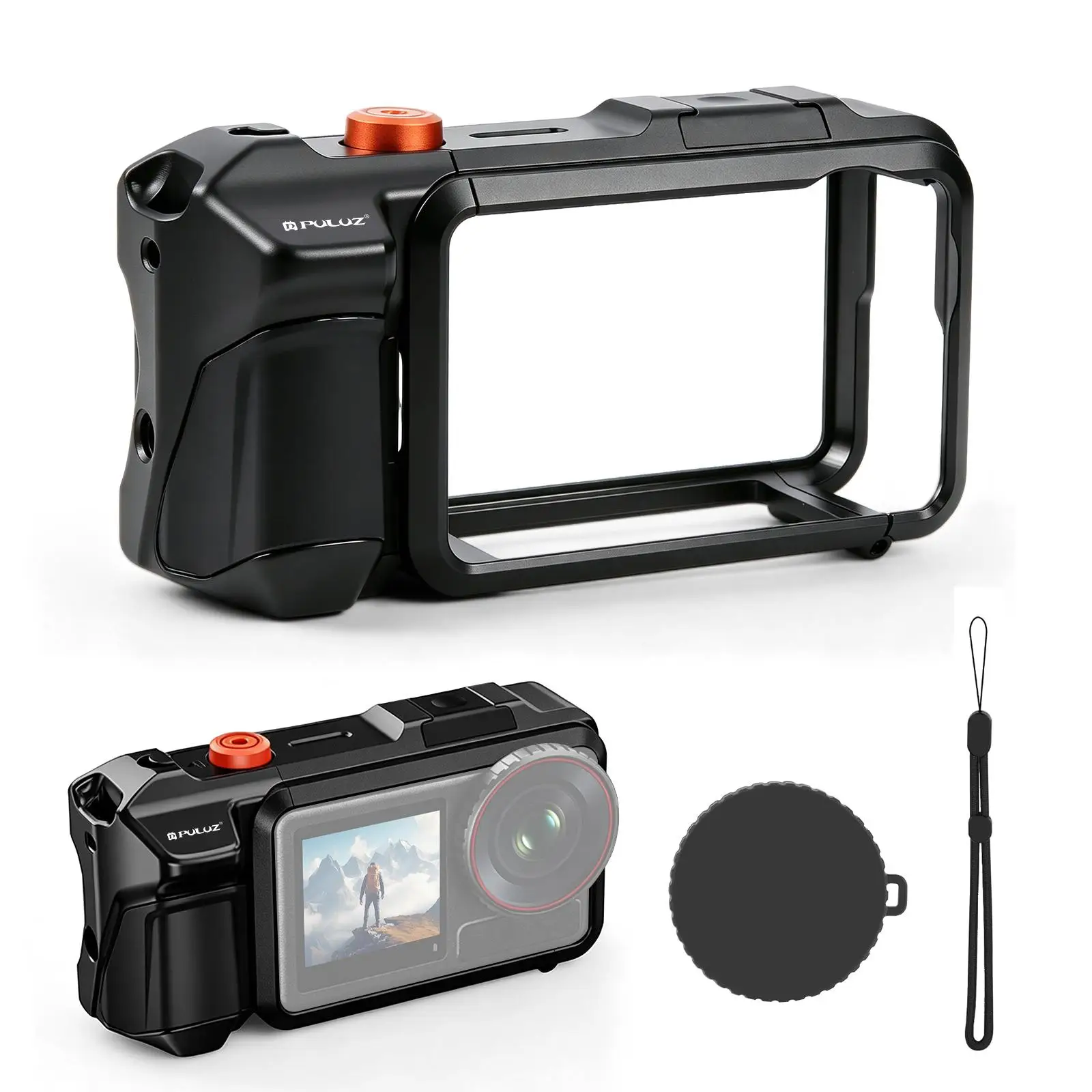 PULUZ Metall-Kamerakäfig-Erweiterungsadapter mit Handgriff für DJI Osmo Action 5 Pro/4/3, Kamerarahmen-Zubehör aus Aluminiumlegierung