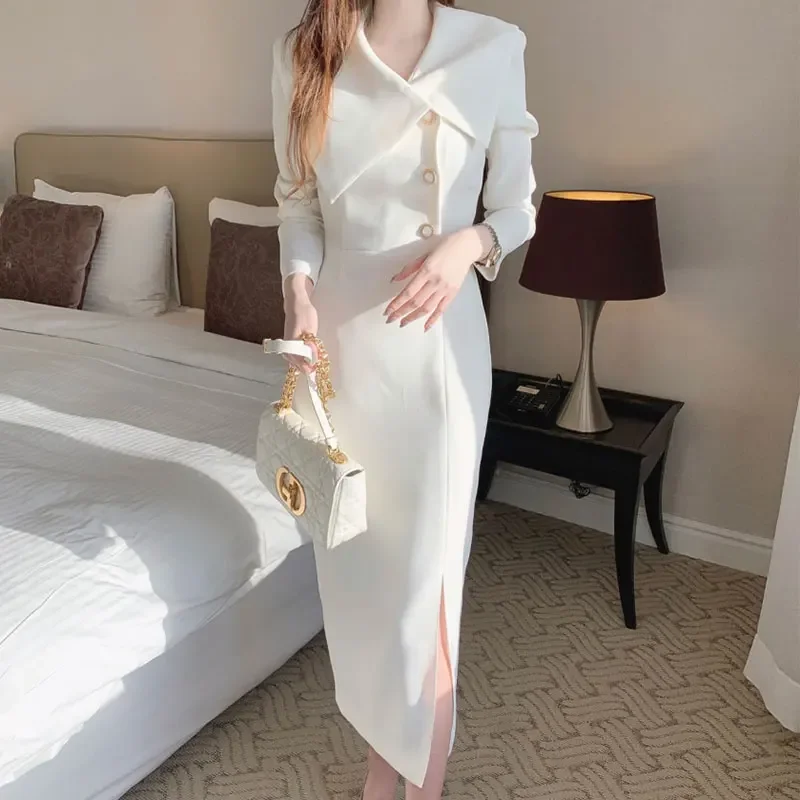 Neploe 2024 Korean Chic Spring Elegant Turn Down Collar Buckle Waist Solid Long Sleeve Wrap Hip Chiffon Dress Women Vestido