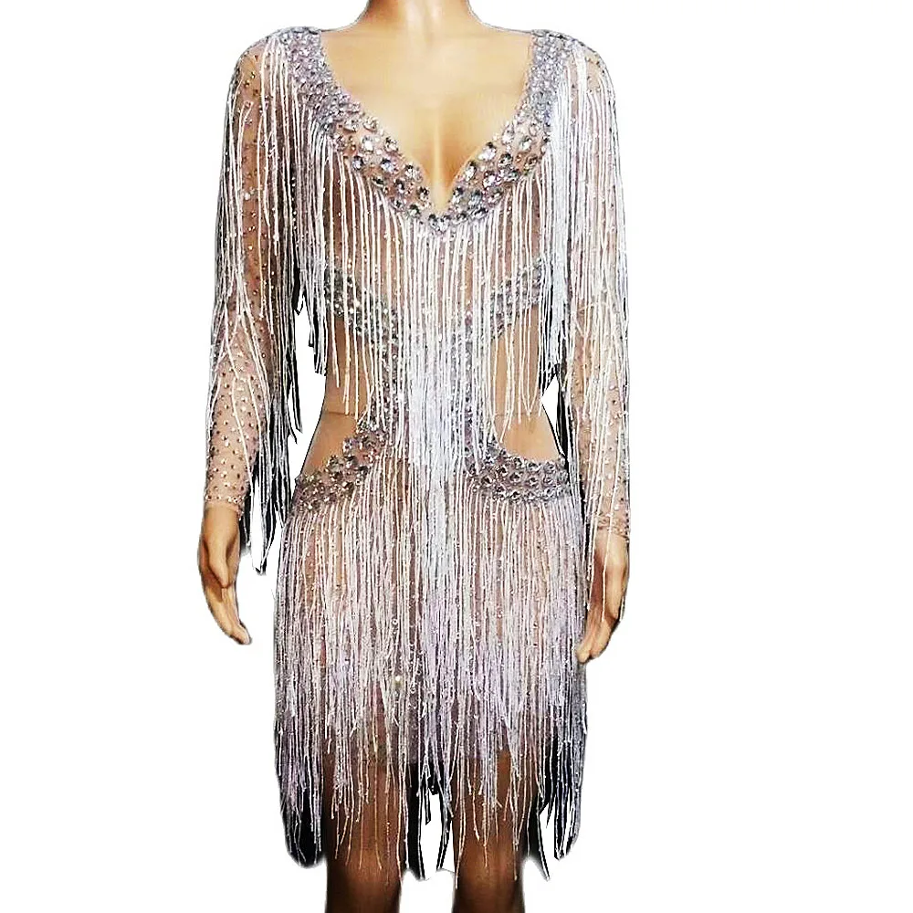 Women Shining Silver Tassel Rhinestones Sexy Hollow Out Mini Stretch Dress Dance Latin Singer Costumes