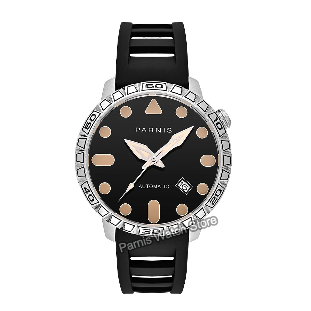 Parnis 42mm Luminous Marks Dial NH35 Automatic Men's Watch Stainless Steel Case Rubber Strap