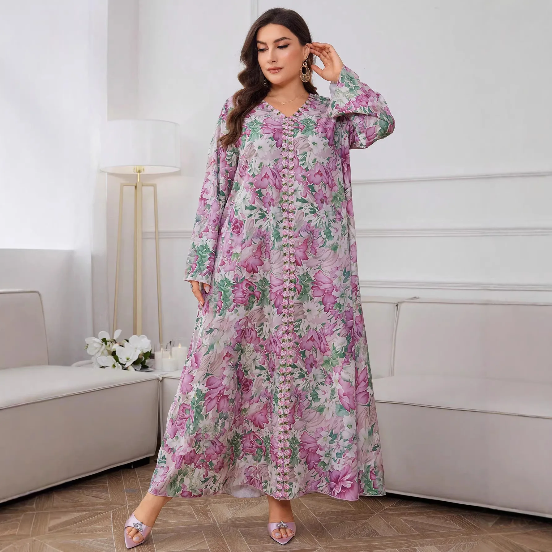 Muslim Women Dresses Abayas Dubai Jalabiya Kaftan Party Long Robe Ramadan Eid Flower Print Dress Morocco Islam Vestidos Caftan