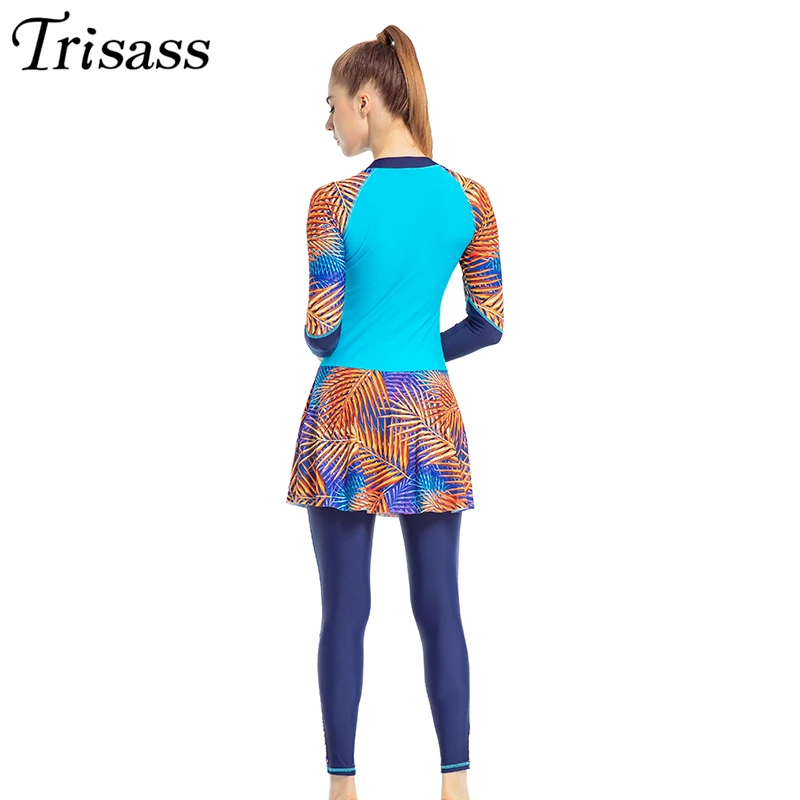 Trisass 2022 New Women Plus Size One Piece Skirt Swimsuit Sport Swimwear Long Sleeve Bodysuit Long Pants Surf Suit with Zipper