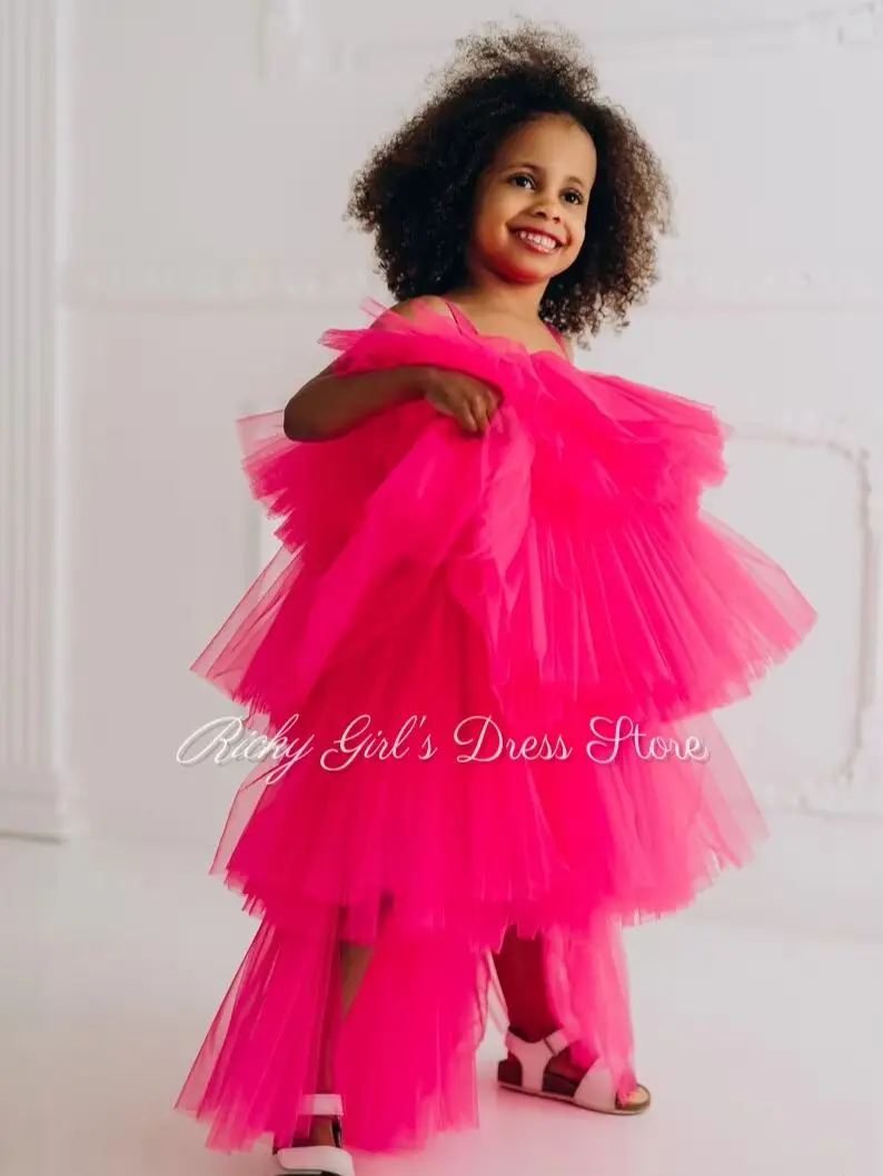 Hot Pink Flower Girl Dress For Wedding Tulle Layered Spaghetti Straps Princess Kid Birthday Party First Communion Customized