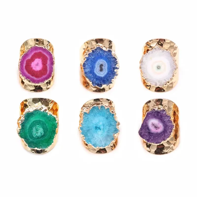 

Irregular Sunflower Natural Stone Crystal Agate Wide Open Ring for Women Gold Plated Boho Resizable Finger Jewelry