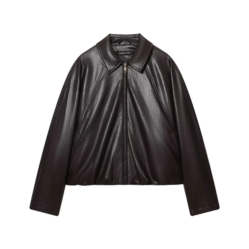 Damenjacke 2025, Herbst, neuer Stil, einfarbig, lange Ärmel, Reißverschluss, lockere Passform, Kunstlederjacke, modisch und stilvoll
