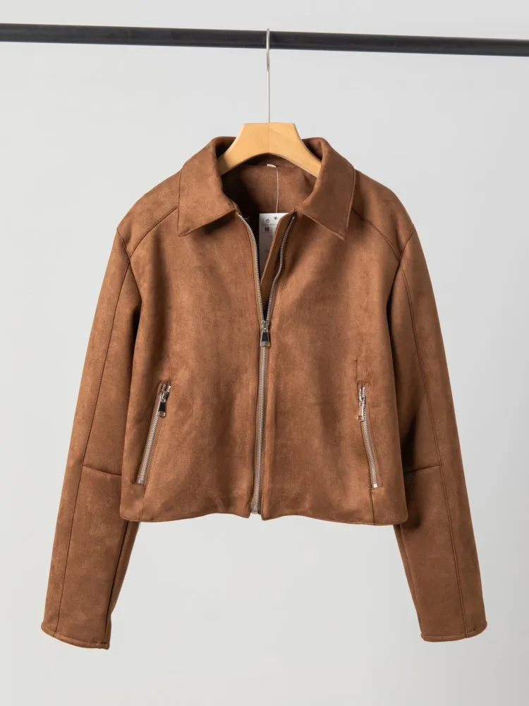 

Модная замшевая короткая куртка-бомбер, женская повседневная куртка-бомбер в стиле ретро с карманами на молнии и отложным воротником, верхняя одежда, уличная одежда, новинка 2024, осень