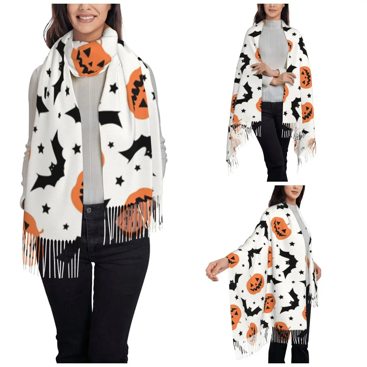 Halloween Pumpkins Spooky Scarf for Womens Winter Warm Cashmere Shawl Wrap Bat Gothic Cartoon Long Shawl Scarf for Ladies