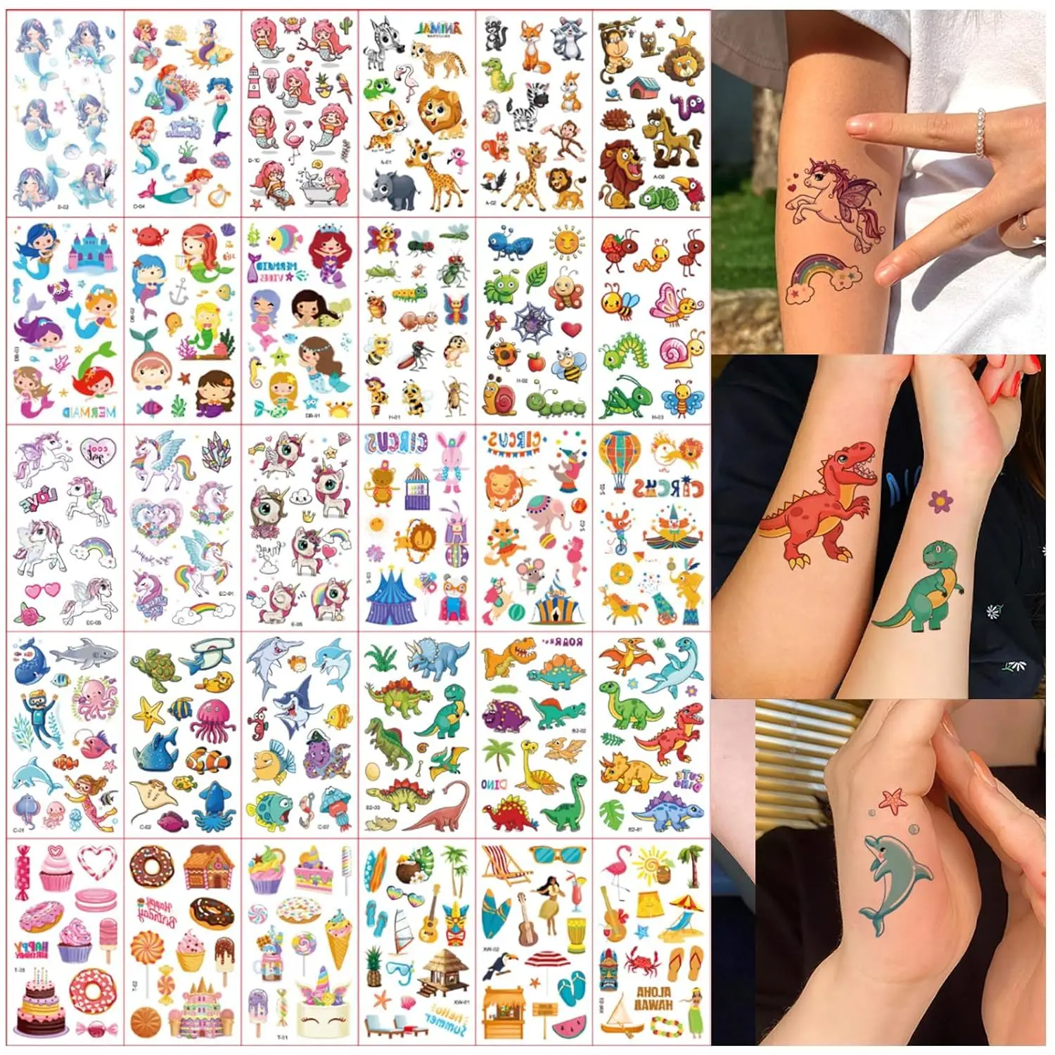 Gefälschte Tattoos, temporäre Tattoos, Aufkleber, Einhorn, Meerjungfrau, Meerestiere, Blumenfee, Pirat, für Kindergeburtstag, Partyzubehör