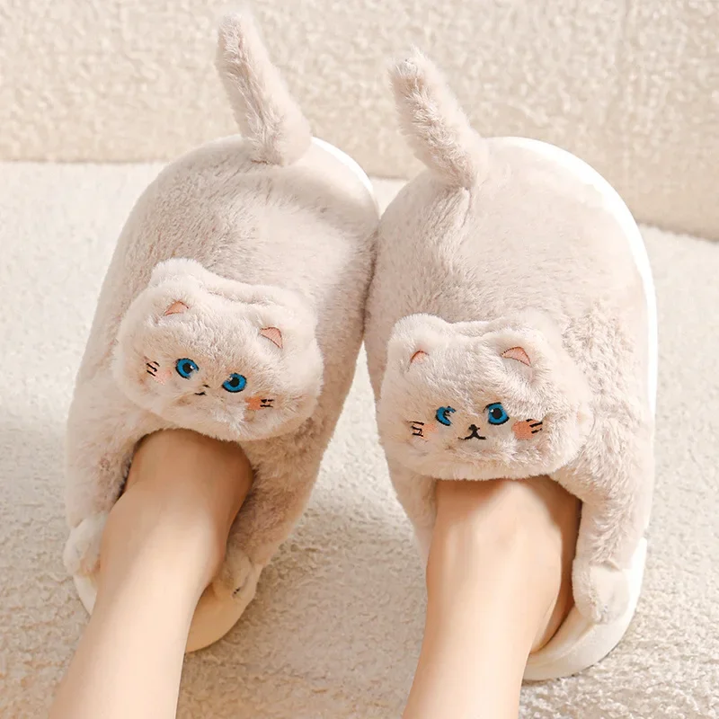 Cat Slippers Women Men Winter Home Slides Kawaii Floor Shoes Furry Slippers Girl White Mules Funny Cute Gift Slippers 2024