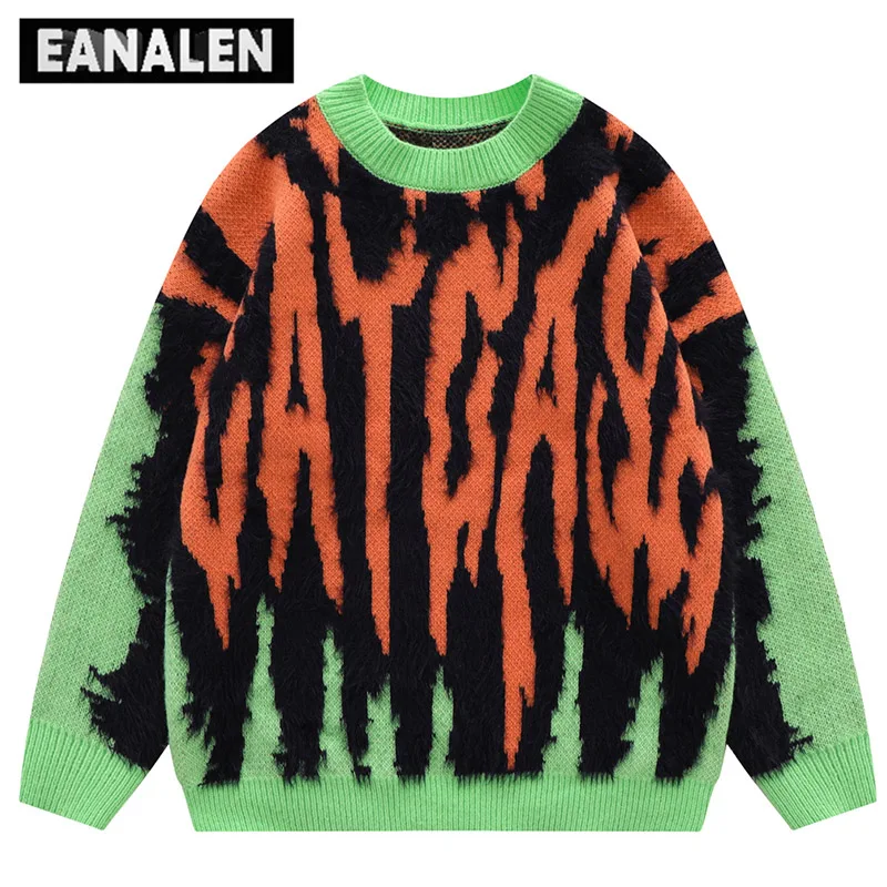 Harajuku Vintage Green Orange Knitted Sweater Men\'s Street Oversized Jumper Pullover Thick Sweater Grandpa Ugly Sweater Women\'s