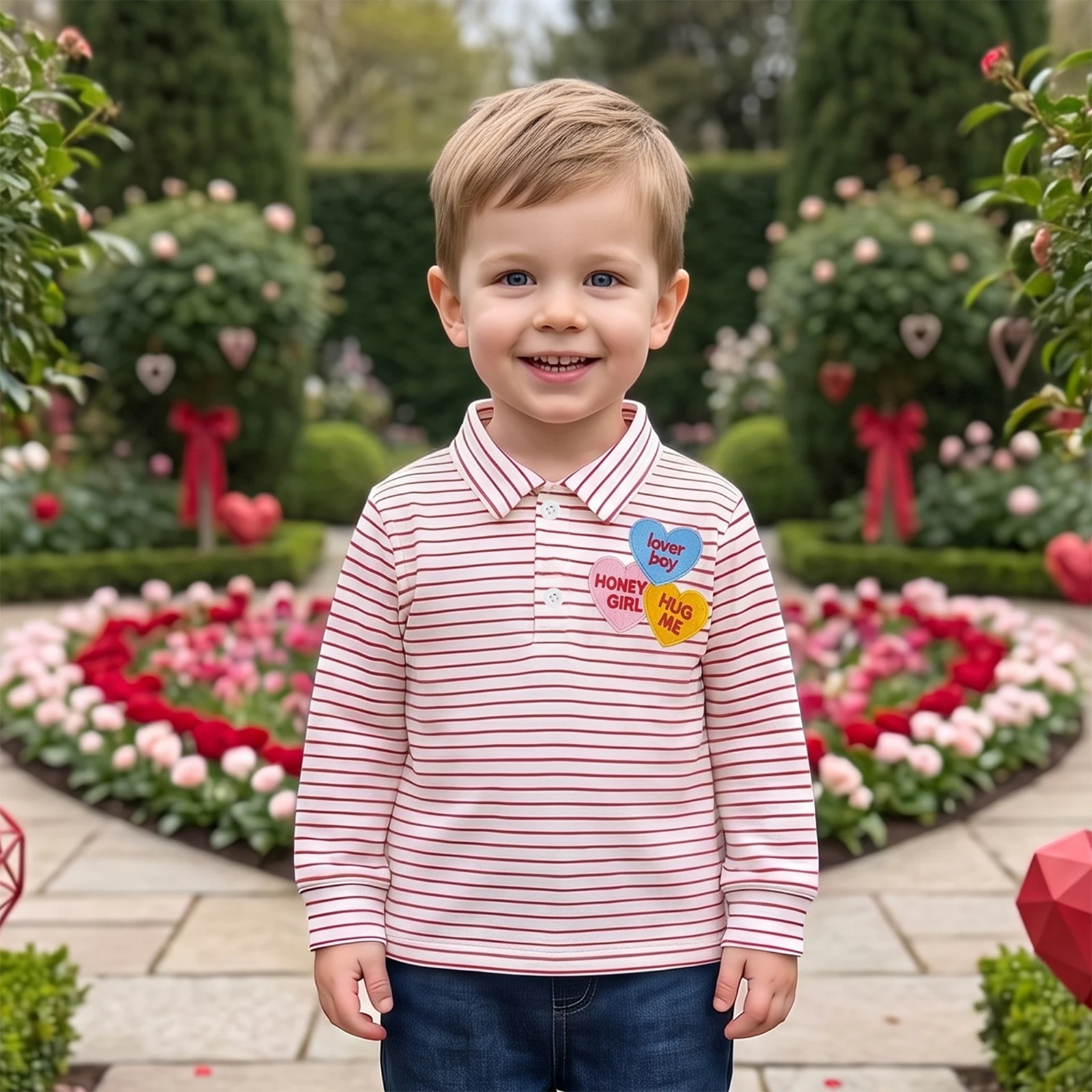 Baby Boy Valentines Day Striped Sweatshirt Cute Heart Embroidery Tops