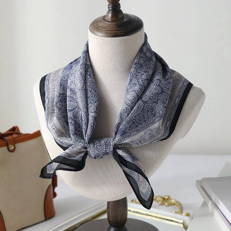Luxury 100% Real Mulberry Silk Scarf Women 65cm Square Neckerchief Old Money Style Grey Blue Paisley Silk Crepe Bandana Shawl