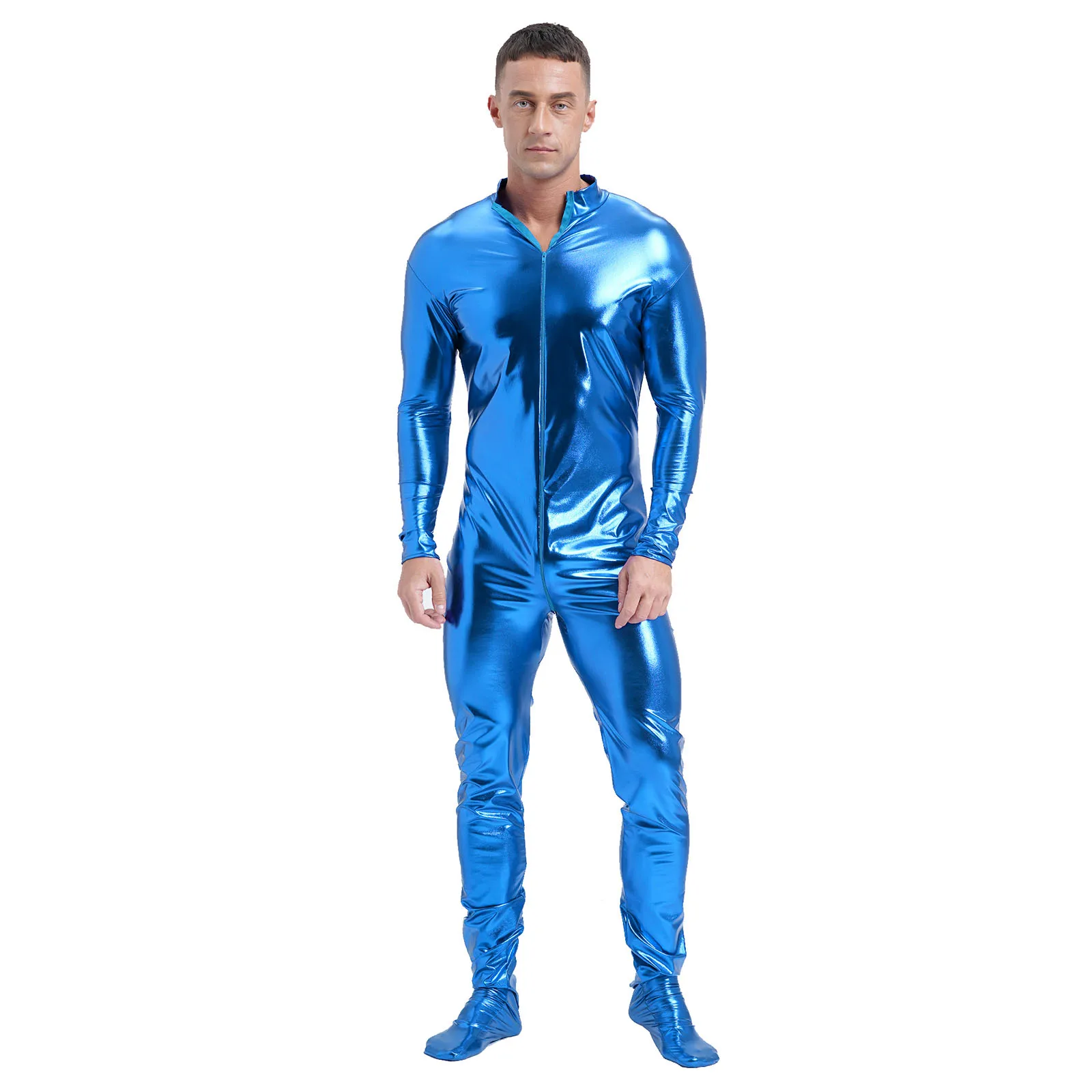 

Mens Metallic Shiny Zipper Jumpsuit Dance Clubwear Mock Neck Long Sleeve Full Body Unitard Tights Bodysuit Stage Show Costumes