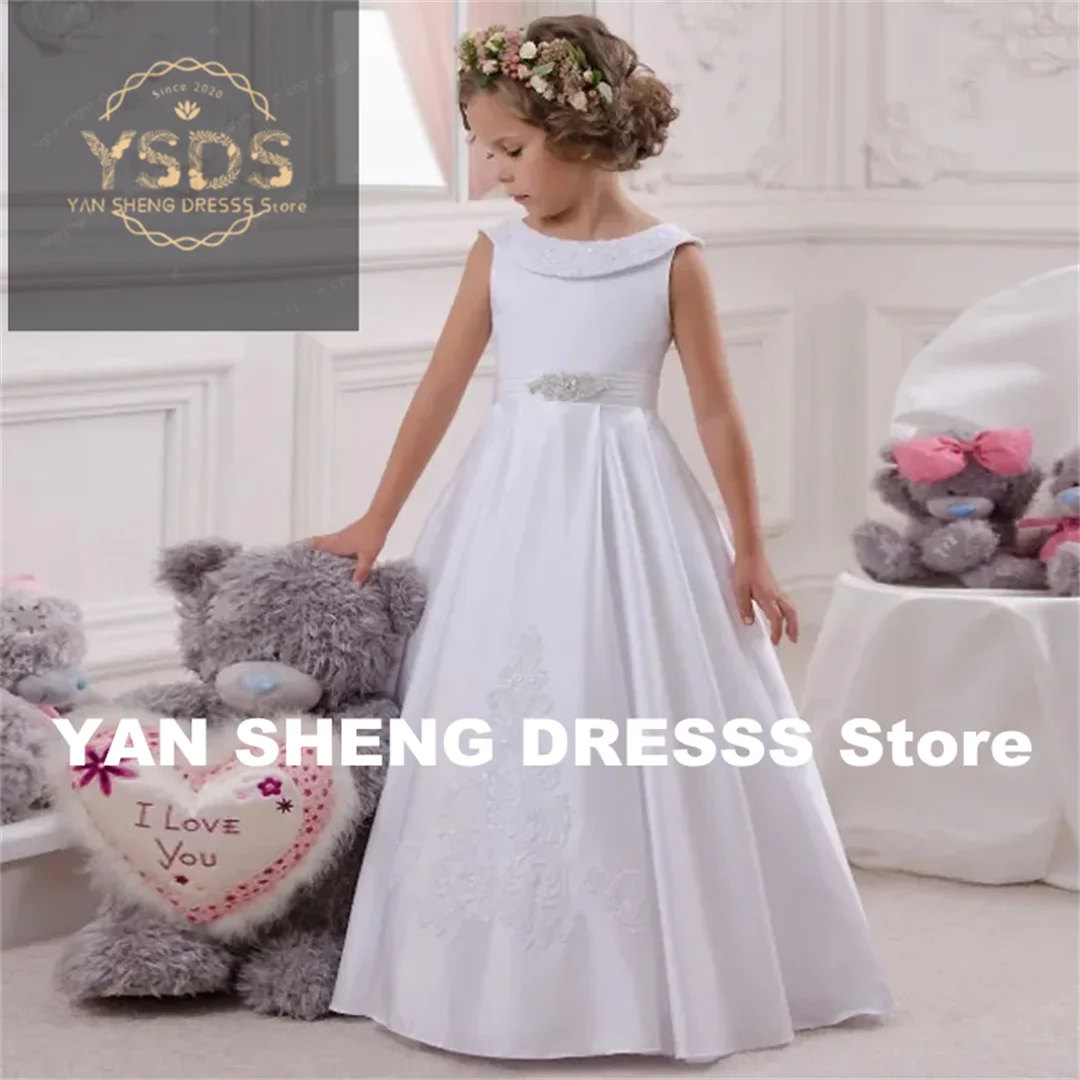 Customized Flower Girl Dresses Satin Flory Pattern Diamond Belt With Bow Sleeveless For Wedding Birthday Party Banquet Princess