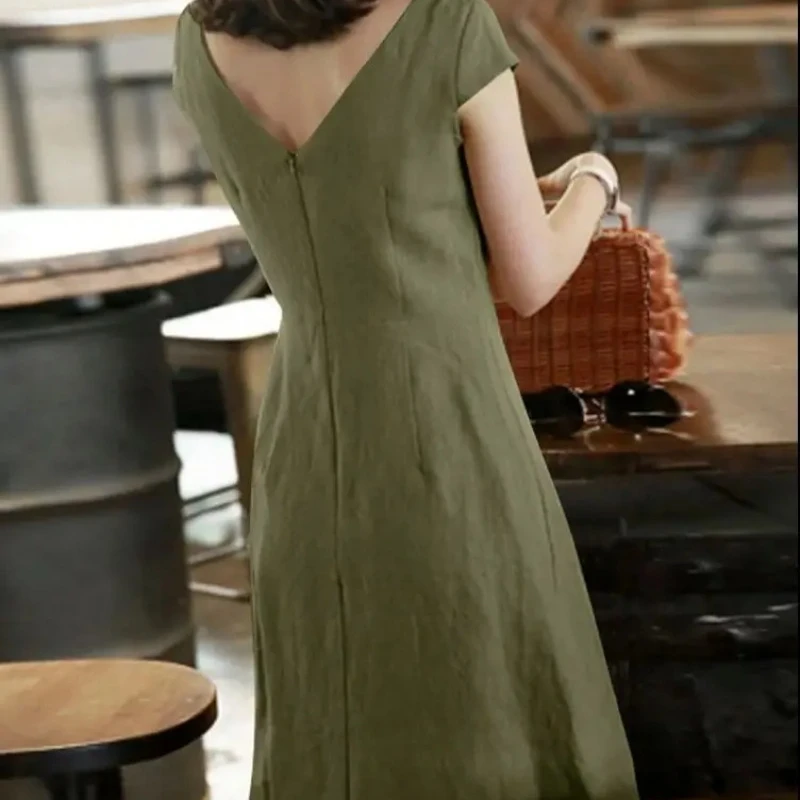 2025 Lente Katoen Linnen Damesjurken O-hals Korte Mouw A-lijn Casual Jurken Vrouwelijke Trendy Mode Losse Kleding Dames