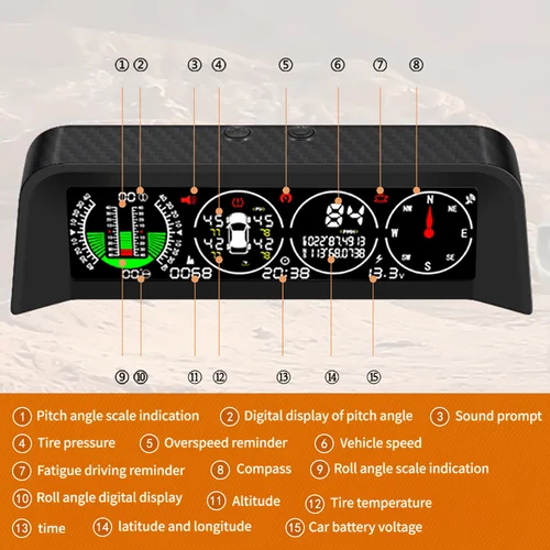 Imagen 1 del producto Monitor de neumáticos TPMS 4 en 1, inclinómetro, brújula, velocímetro, pantalla LCD para todos los vehículos, novedad de 2023