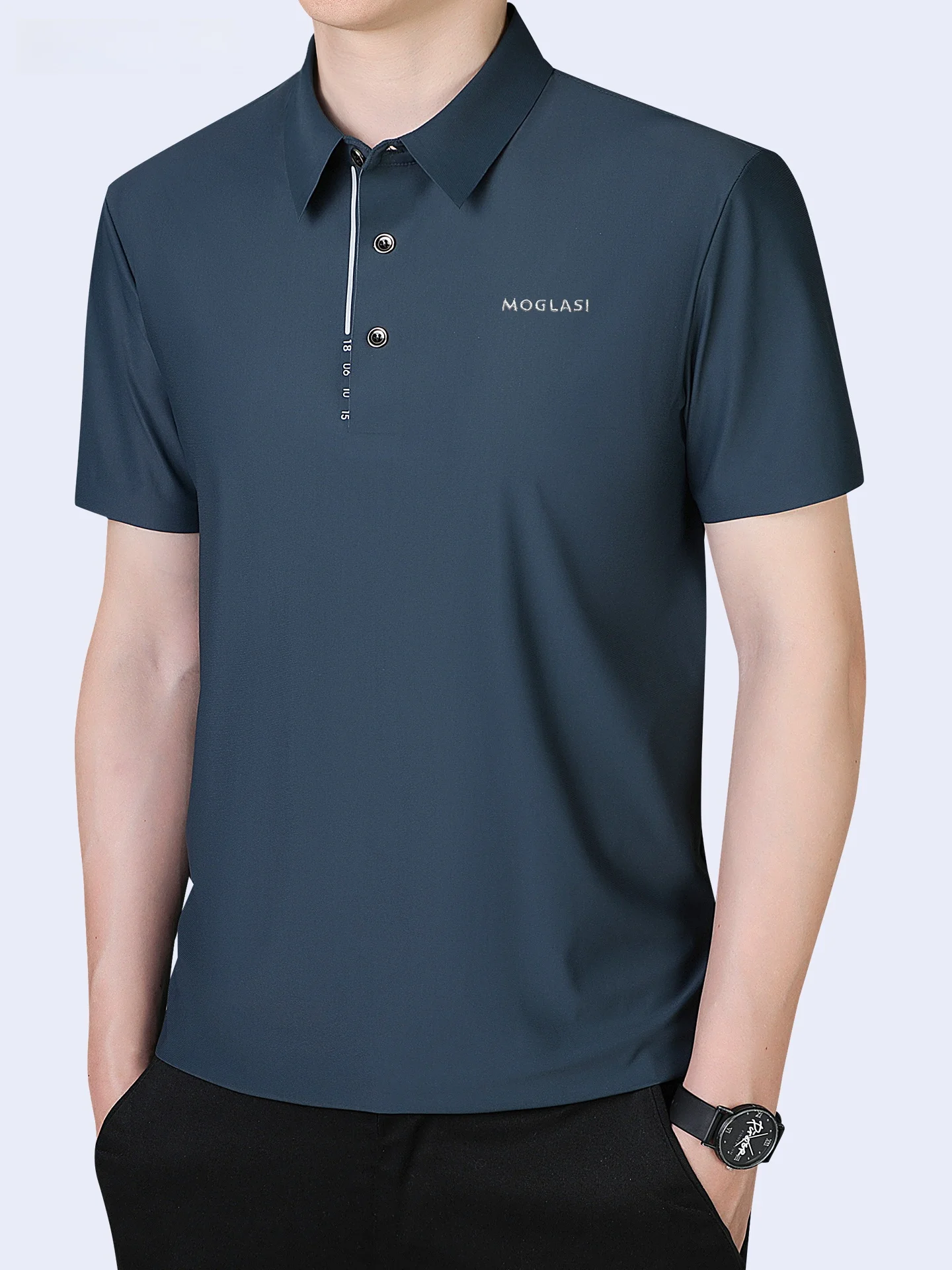 

MOGLASI Ice Silk irt Men's ort Sve Casual Loose plus Size Fat Man Collar Sport T-irt Embroidery Breathable