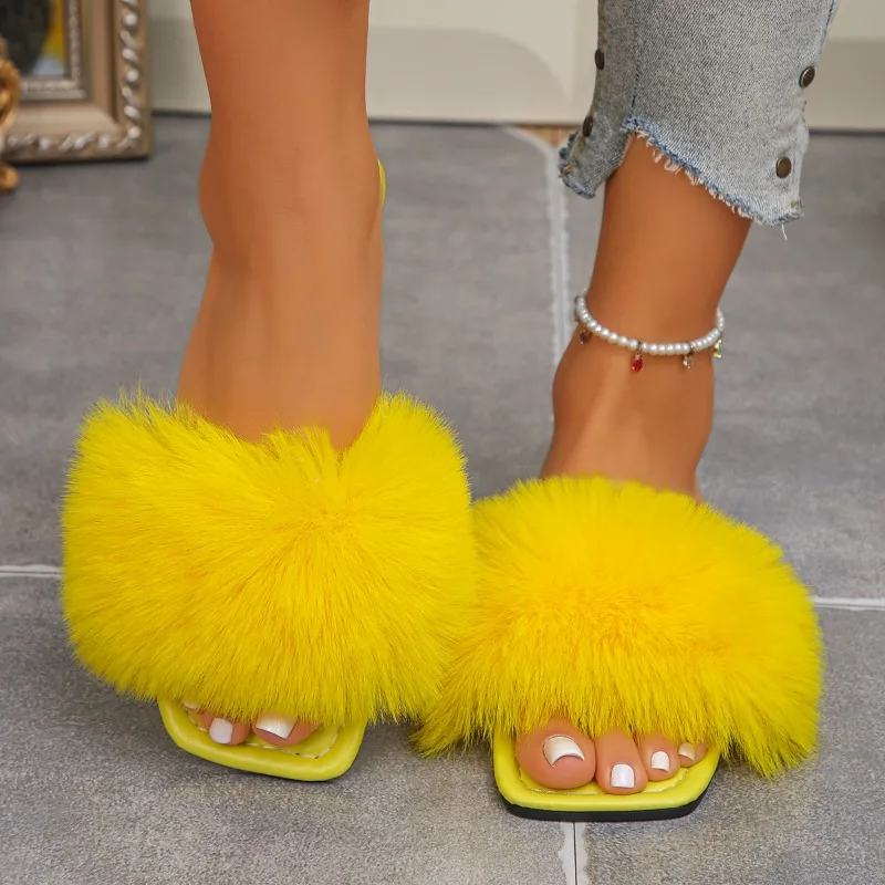 Summer Women Flat Fluffy Flip Fur Slippers 2026 New Fashion Square Toe Female Shoes Outdoor Casual Lightweight Beach Sandals - view 5