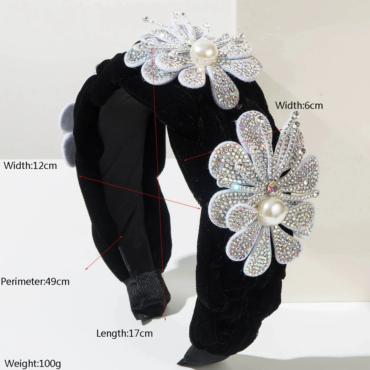 Korean Velvet Winter Headband  Rhinestones Super Shiny Black White Pink Flower Headband Elegant Wide Hair Accessory for Parties