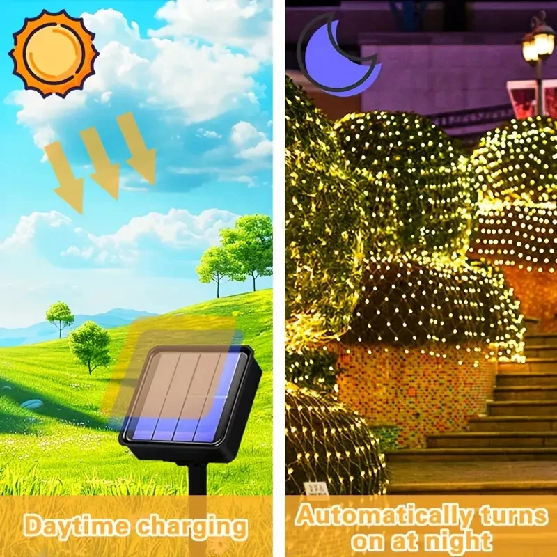 Solar-Netzlichter für den Außenbereich, wasserdichte LED-Lichterketten mit 8 Beleuchtungsmodi für Gärten, Rasenflächen, Partys und Weihnachtsdekorationen – Detail 2