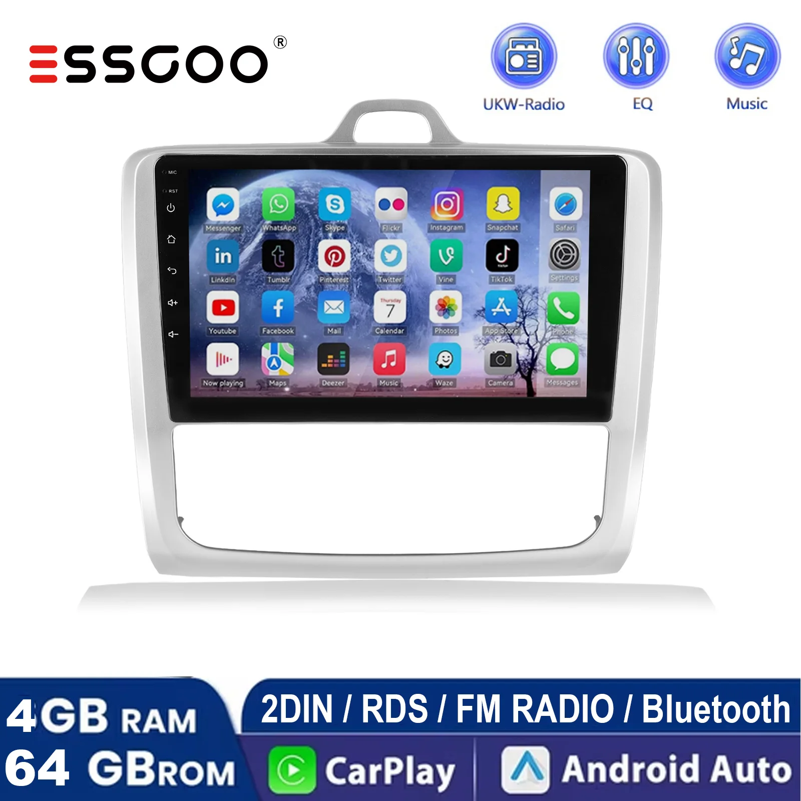 4GB+64GB Multimedia-Stereogerät für Ford Focus MK2 2004-2011, CarPlay, Android Auto, GPS, RDS, Navigation, WLAN, Bluetooth, DVR, DAB+, Kamera, ESSGOO