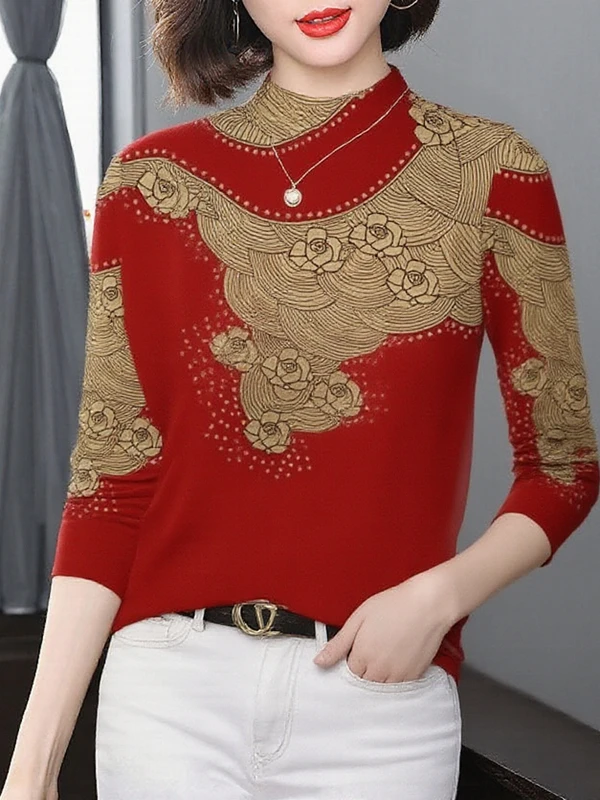 

Elegant Long Sleeve Fleece Lined Thickened Half High Collar Printed Base Shirt Women Middle Aged And Elderly Warm Slimming Top