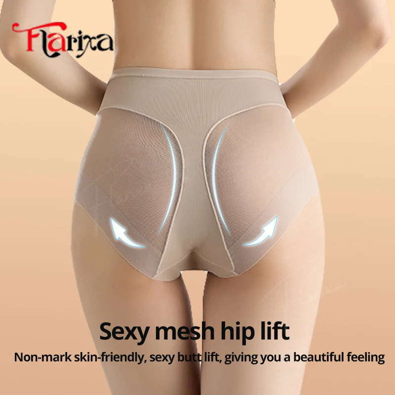 Flarixa Mesh High Waist Panties Women Body Slimming Shaper Briefs Ice Silk Sculpting Underwear Elastic Lace Female Lingerie