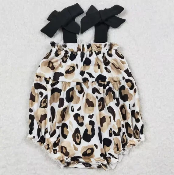 Fashion Baby Girls Clothes Dark Brown Bows Strap Leopard Rompers Summer Kids Clothes Toddler Girls Bubbles Onesie Jumpsuits