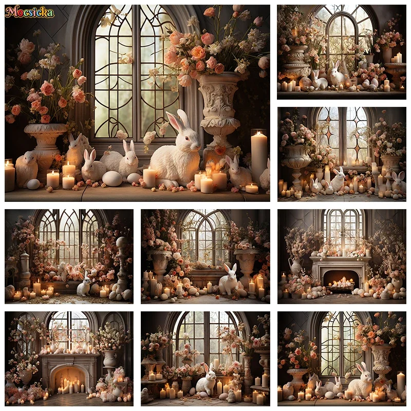

Mocsicka Spring Easter Photography Backgrounds Holiday Party Fireplace Floral Bunny Backdrops Kids Happy Birthday Photo Banner