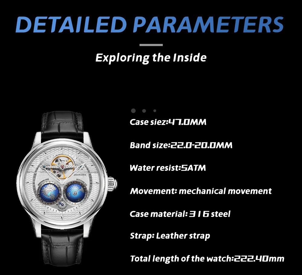 SEAKOSS Luxury Double Earth Rotating Men\'s Mechanical Watch Automatic Movement Waterproof Clock Pilots Men 1963 Flywheel Watches