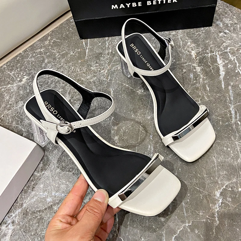 Summer New Sexy Transparent Thick High Heel Sandals Women\'s Shoes Silver Square Heade Open Toe Ankle Buckle Temperament Sandal