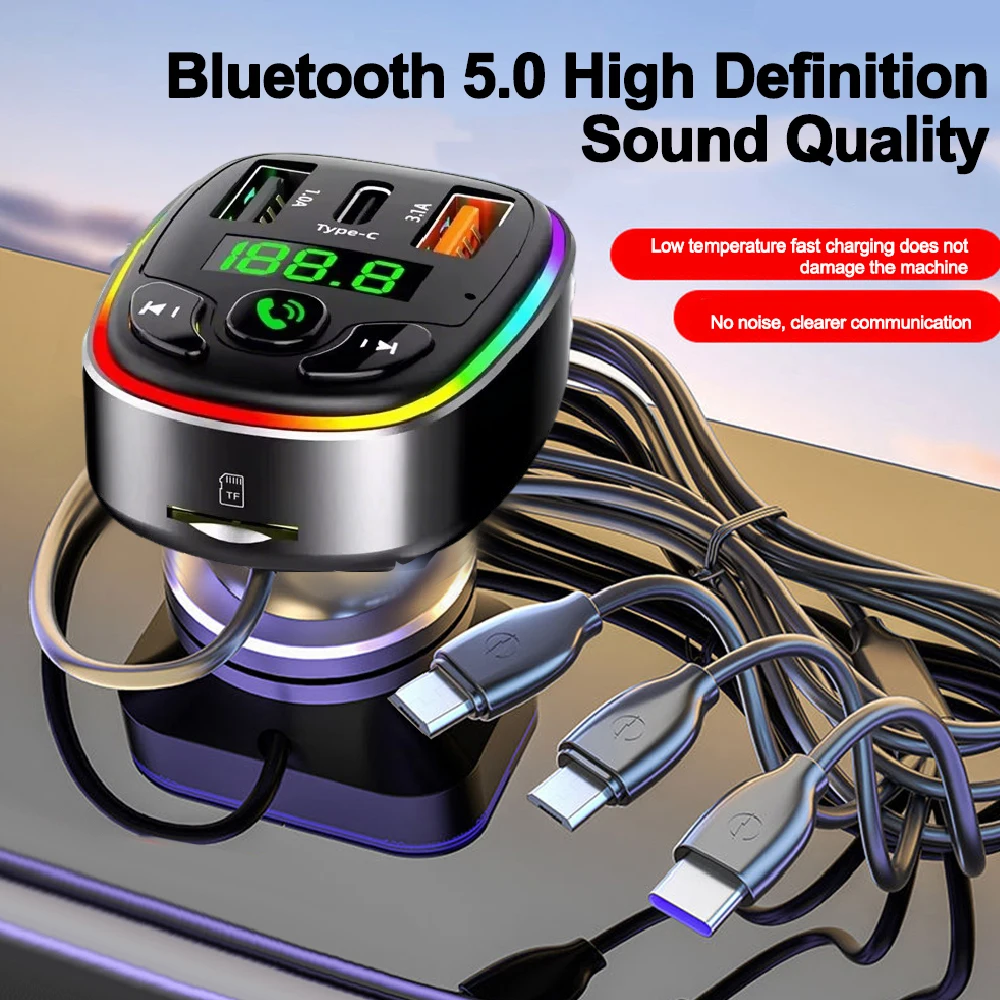 Bluetooth 5.0 FM Transmitter Car MP3 Modulator Player Handsfree Audio Receiver PD+USB Phone Charger With 3 in 1 Charge Cable