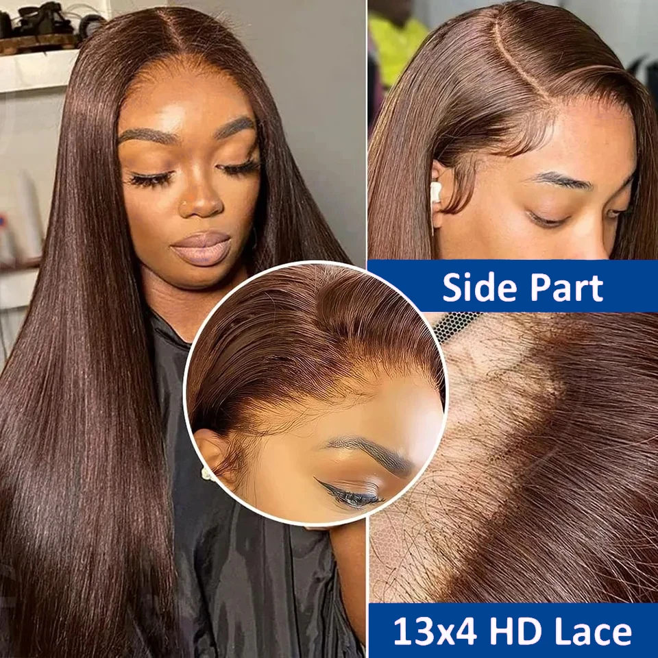 # 4 osso em linha reta colorido chocolate marrom frente do laço peruca de cabelo humano 250 densidade 13x4 hd peruca frontal do laço transparente venda quente