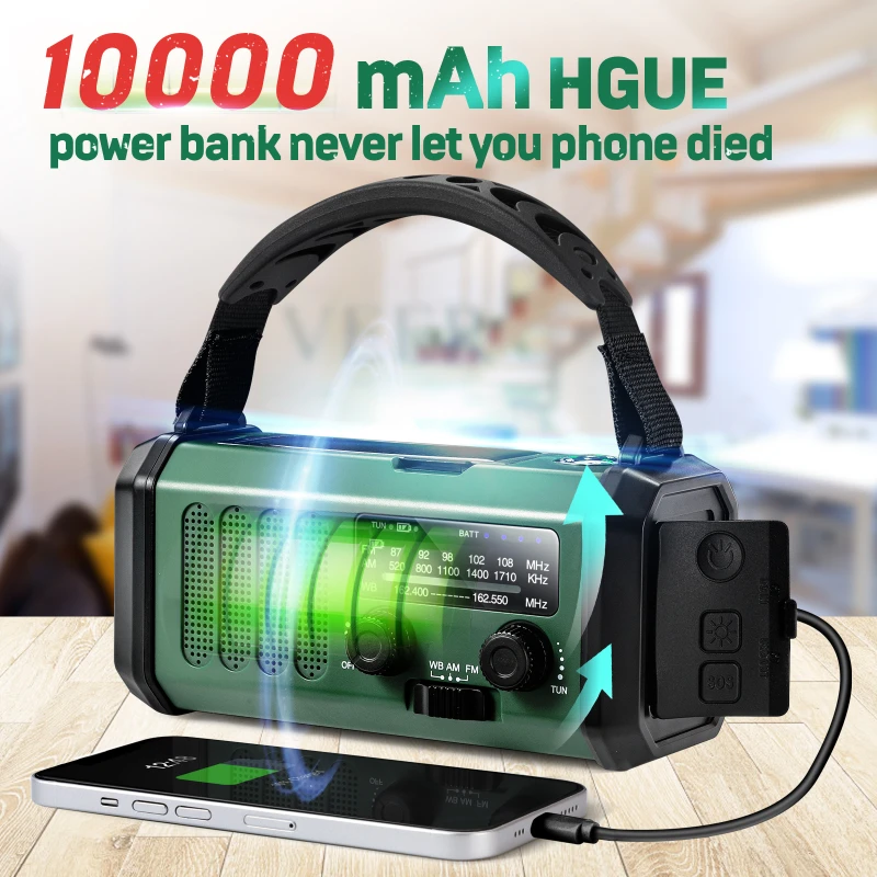 

Portable Multifunctional Emergency Radio FM/AM/WB Weather Radio Solar Powered Charging Hand Cranked Radio 10000mah Polymer