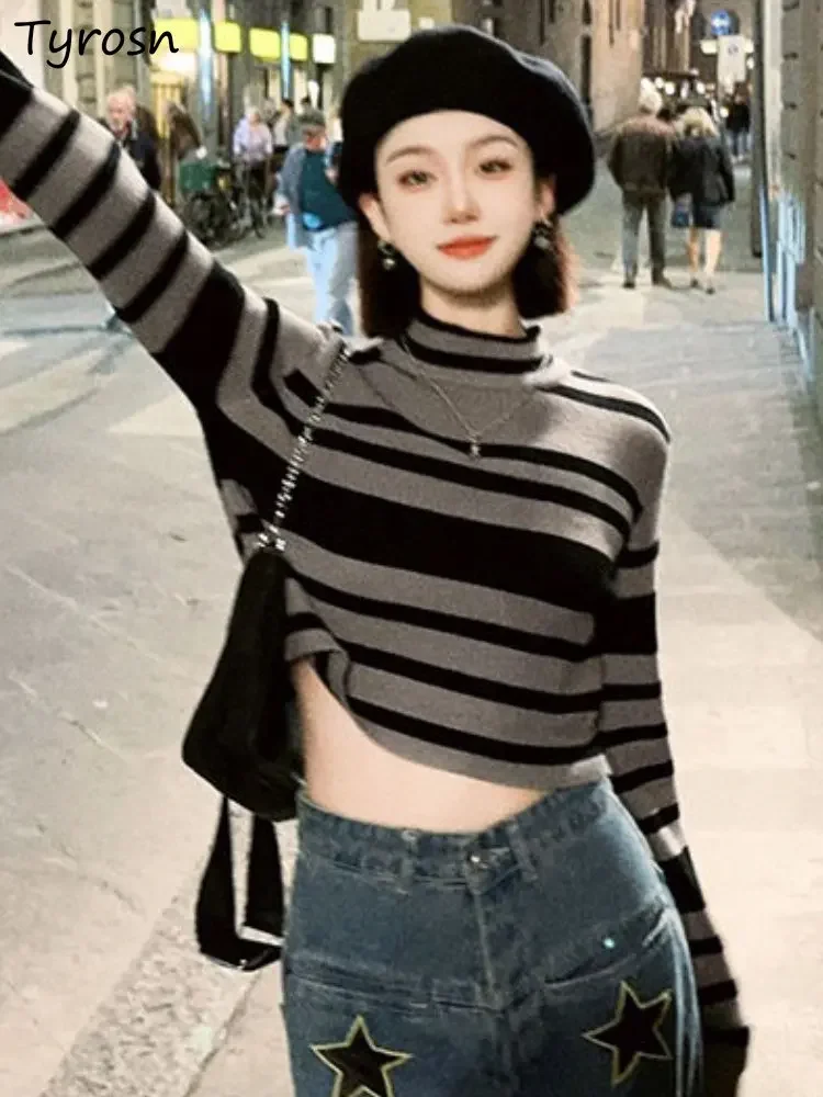 

Pullovers Women Slim Sexy Striped Retro Mock-Neck Cropped Knitting Casual Tender Streetwear Korean Style Autumn Design Hot Girls