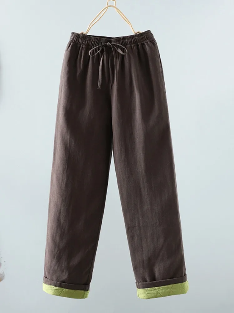 

Цветные хлопковые и льняные прямые брюки в стиле ретро, женские зимние свободные универсальные теплые верхняя одежда, хлопковые брюки