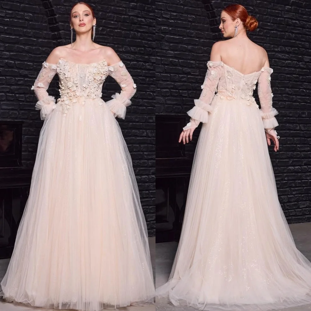 

Customized High Quality Elegant Tulle Handmade Flower Ruched A-line Off-the-shoulder Long Dresses Bespoke Occasion Dresses Sexy