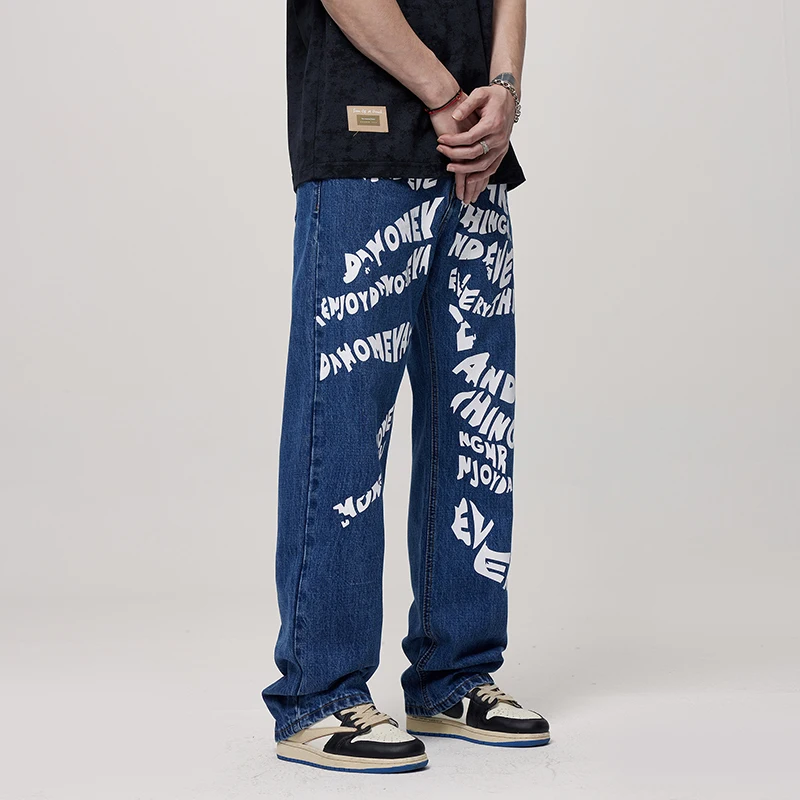 2024 Hip Hop Pants Men\'s Street Casual Handsome European and American Fashion Brand Retro Washed Letter Printed Loose Jeans