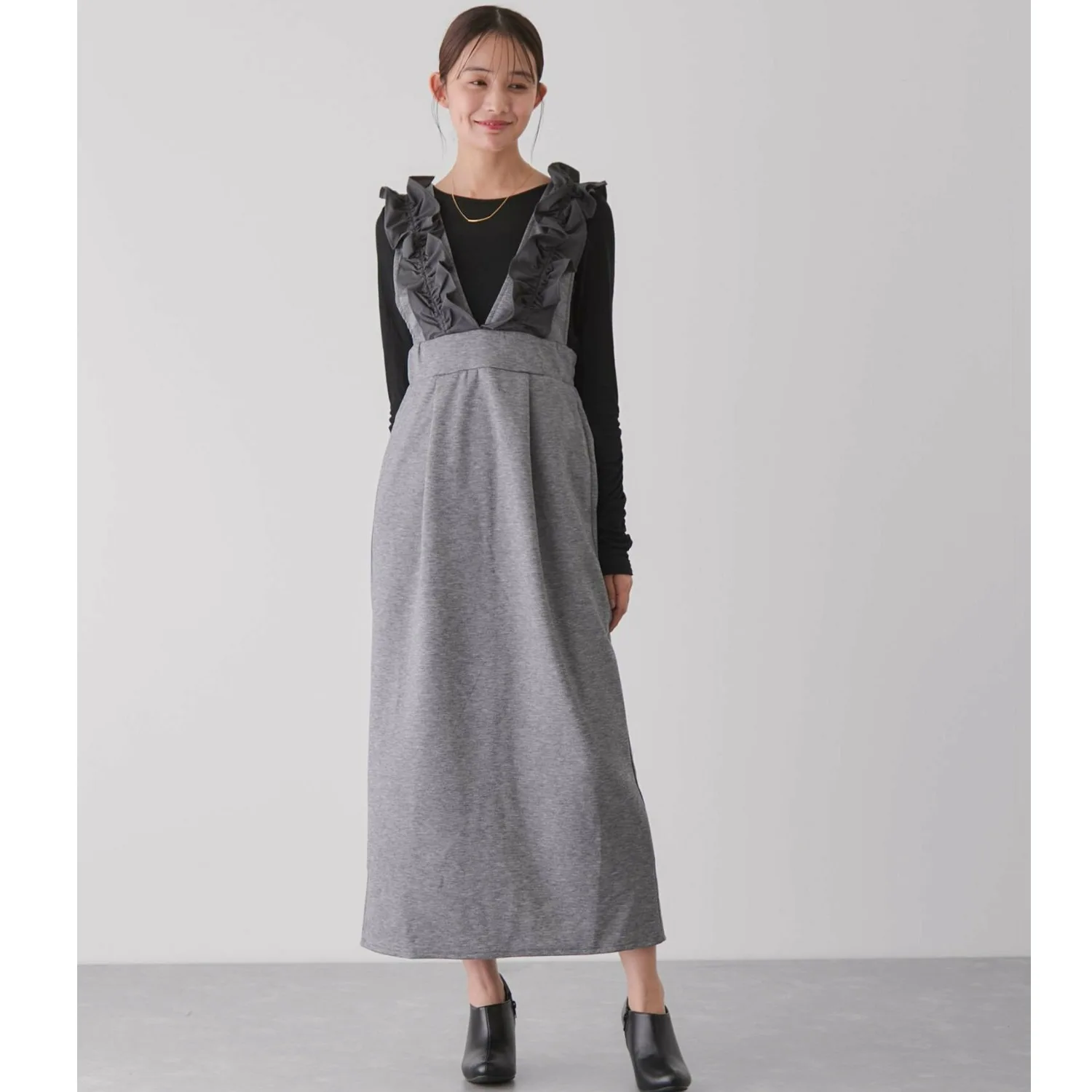 

Spring Autumn Thiened Vest Long Dr Women's Ruffle Splice V-ne Elastic Waist Slimming Layered Wear Polyester Fiber