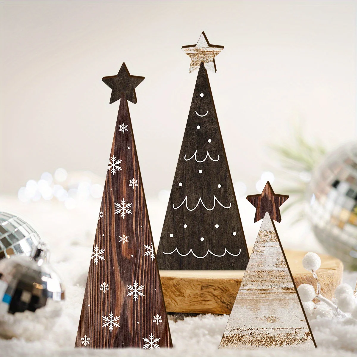 3 Pieces of Randomly Assorted Vintage Wooden 2D Flat Thickened Christmas Tree Table Decorations, Rustic Farmhouse Style Wooden Christmas Centerpieces, No Electricity or Batteries Required, Suitable for Holiday Home and