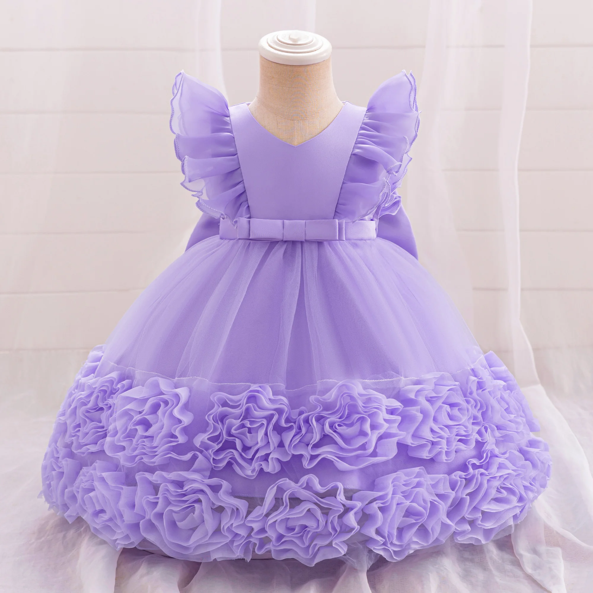 Big Bow Baby Party Dresses for Girl Christmas Costume Flying Sleeve Flower Princess 1st Birthday Baptism Girl Dress Wedding Gown