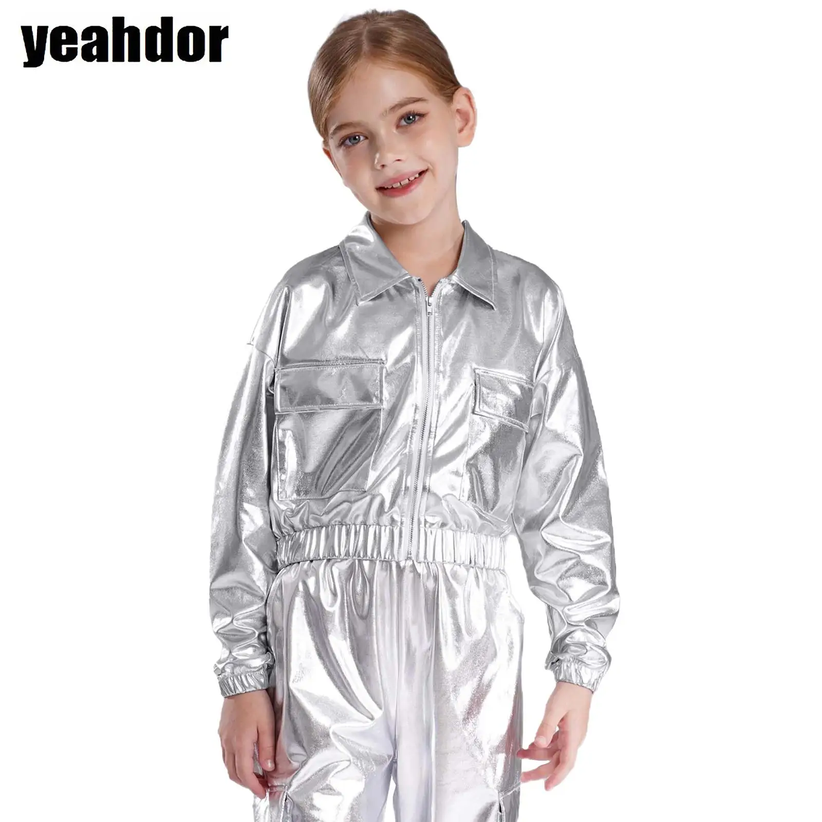 Teen Boys Girls Metallic Shiny Jacket Long Sleeve Zipper Outwear with Flap Pockets Hip-Hop Jazz Dance Jacket Disco Streetwear