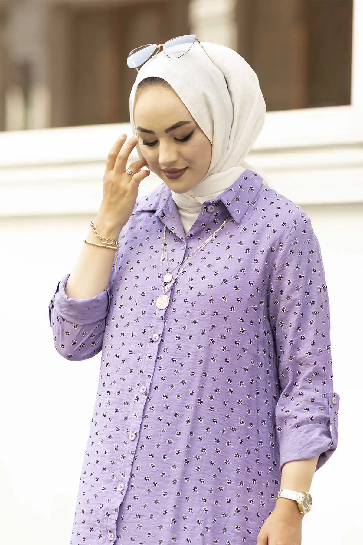 Patterned Asymmetrical Cut Shirt TH-Purple Winter Autumn 2021 Muslim Women Hijab headscarf Islamic Turkey