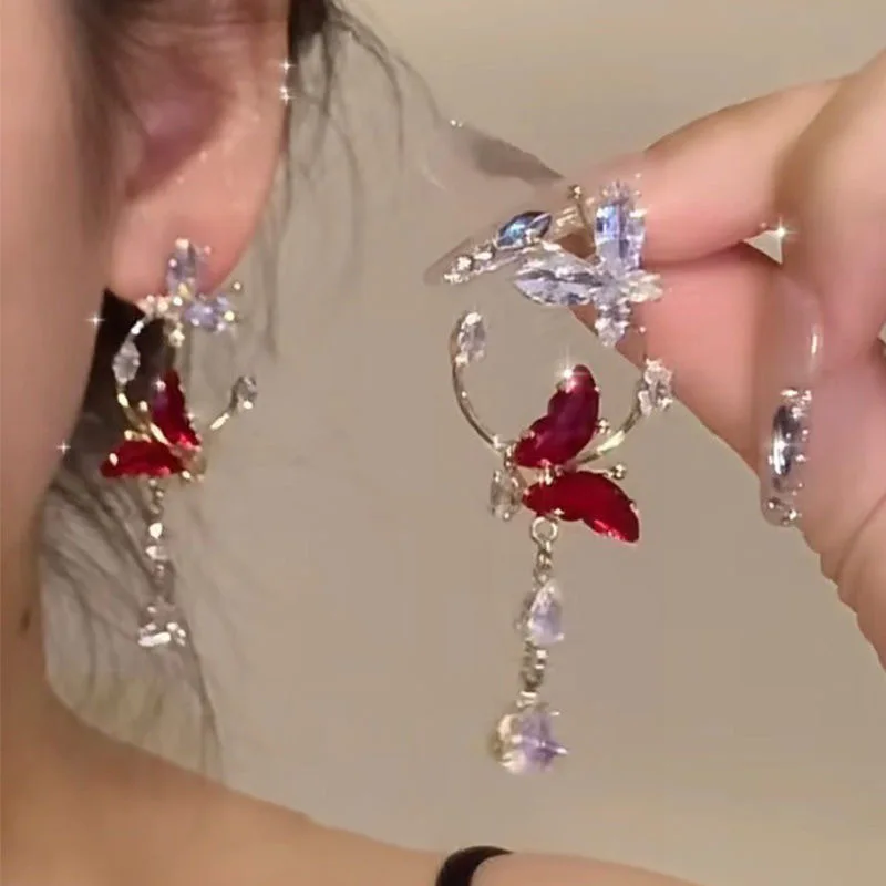 Elegant Red Zircon Butterfly Drop Earrings for Women Temperament Sweet Metal Bow Earrings Fashion Girl Jewelry Accessories