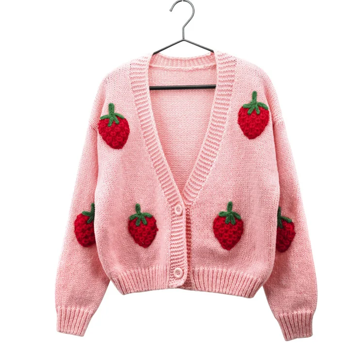 Elegant Cardigan Women Korean Fashion Vintage Strawberries Knit Sweaters Women Black Long Sleeve Top Knitted Button Up Pink Top