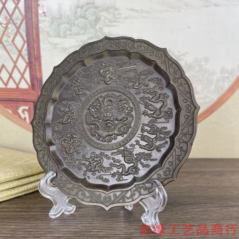 Antique Qing Jiulong Plate Antique Miscellaneous Collection Home Crafts Decoration Alloy Plate