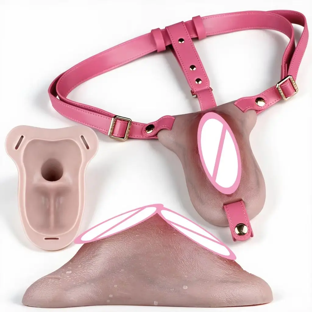 FAAK Strapon Vagina Cock Cage Panties Clitoris Pads Wearable Silicone Fake Pussy  Thongs Men's Hiding Gaff for Transgender