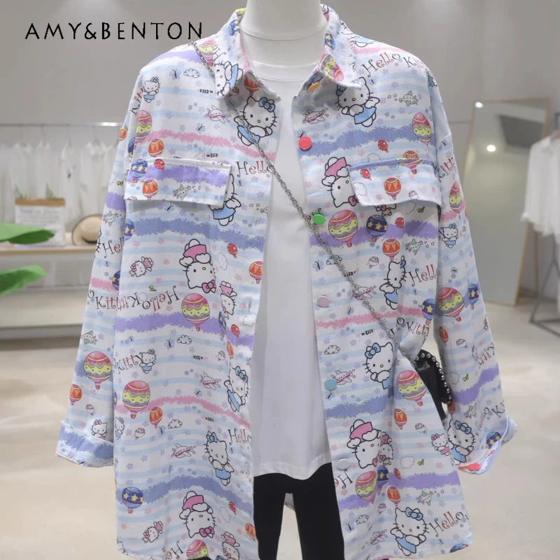 

Autumn Korean Style Youthful Cartoon Top Shirt Loose Mid-Length Cotton Denim Blouse Jacket Women's Kawaii Single-breasted Blusas