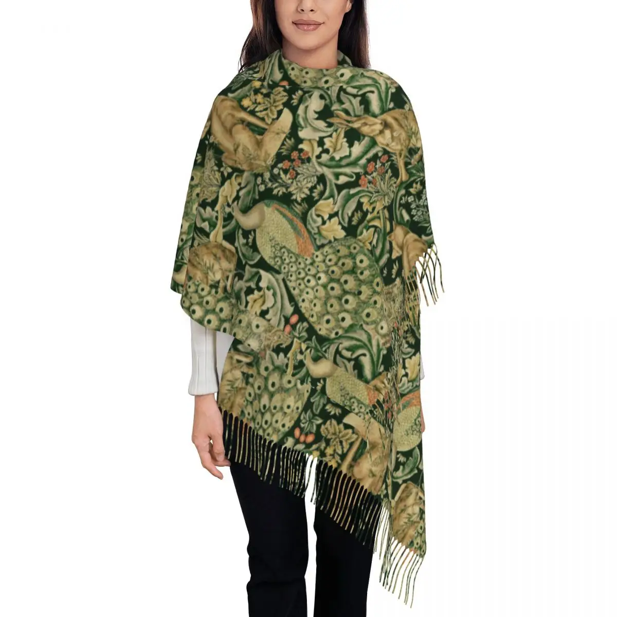 Custom Print Peacocks And Fox By William Morris Scarf Winter Fall Warm Scarves Forest Animals Textile Pattern Shawl Wrap